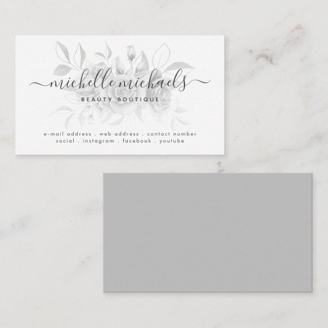 Tarjeta De Visita Guión mínimo plateado con flores grises moderno  (Anverso / Reverso)