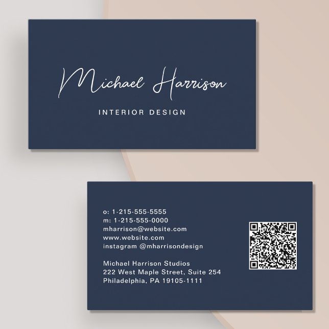 Tarjeta De Visita Guión moderno Código QR Azul profesional (Capture attention and make connections with our modern signature script QR code blue business card)