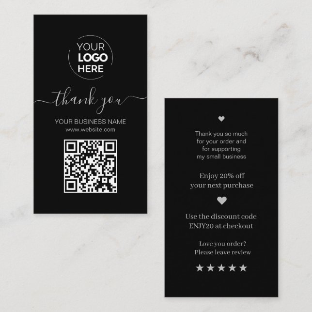Tarjeta De Visita Guión moderno Código QR Código Orden Negro Gracias (Anverso / Reverso)
