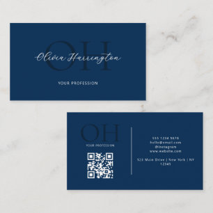 Tarjeta De Visita Guión moderno Código QR Monograma azul de la marin