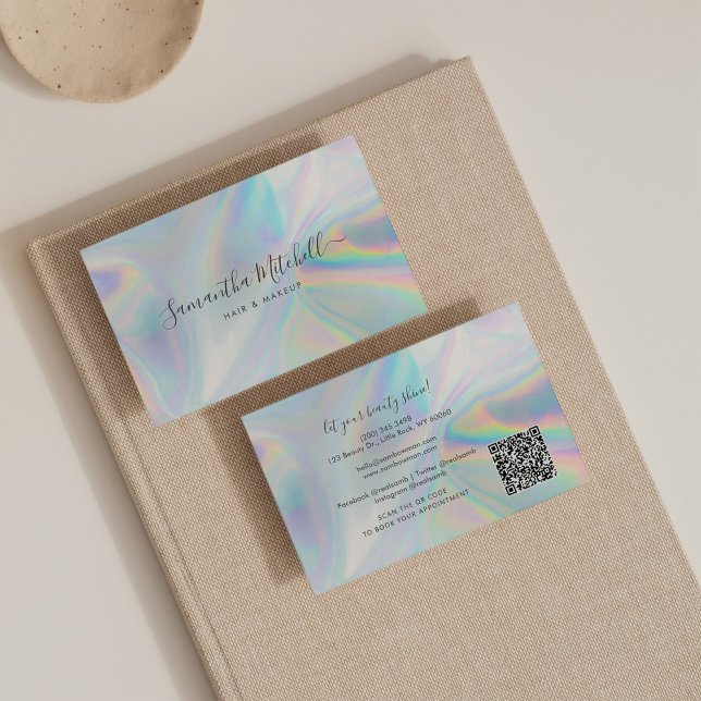 Tarjeta De Visita Guión moderno Código QR Salón de belleza holográfi (Subido por el creador)