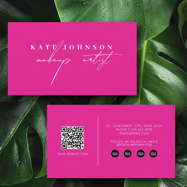 Tarjeta De Visita Guión moderno de chica QR Código de medios sociale (Modern Girly Script QR Code Social Media Pink Business Card)