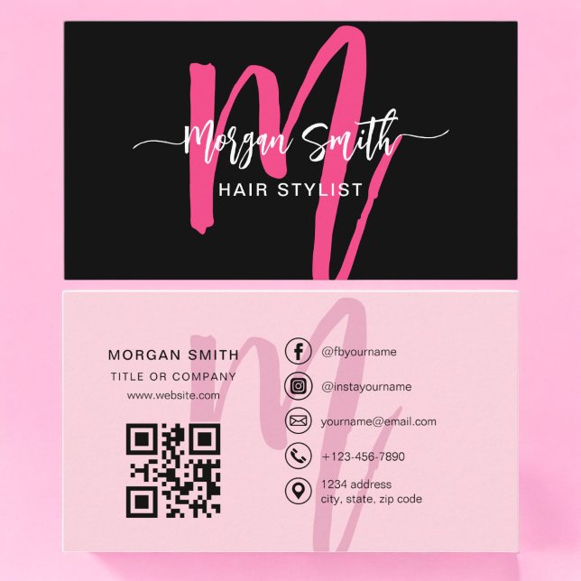 Tarjeta De Visita Guión moderno negro rosado caliente Código QR Nomb (Subido por el creador)