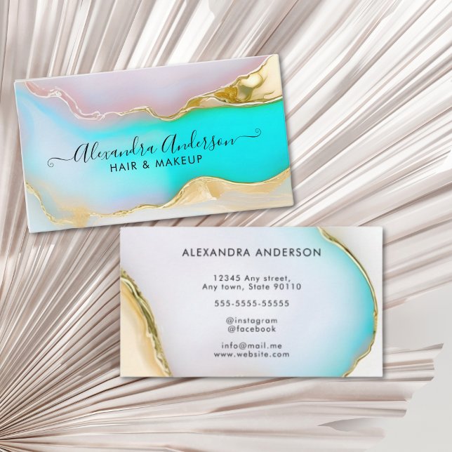 Tarjeta De Visita Guión óptico de mármol de oro azul de lujo (Luxury Blue Gold Agate Marble Opal Script Business Card)