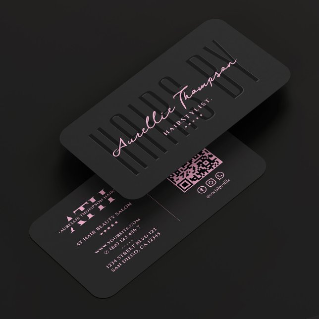 Tarjeta De Visita Guión rosa negro estético de belleza con estilo de (Hair Stylist Beauty Aesthetic Black Pink Script Business Card
)