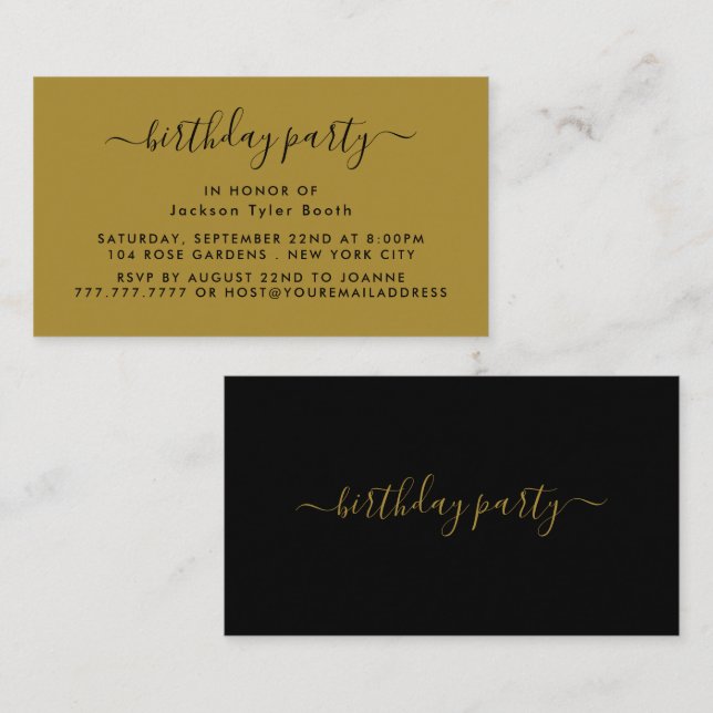 Tarjeta De Visita Guión simple - Boleto de fiesta de cumpleaños negr (Anverso / Reverso)