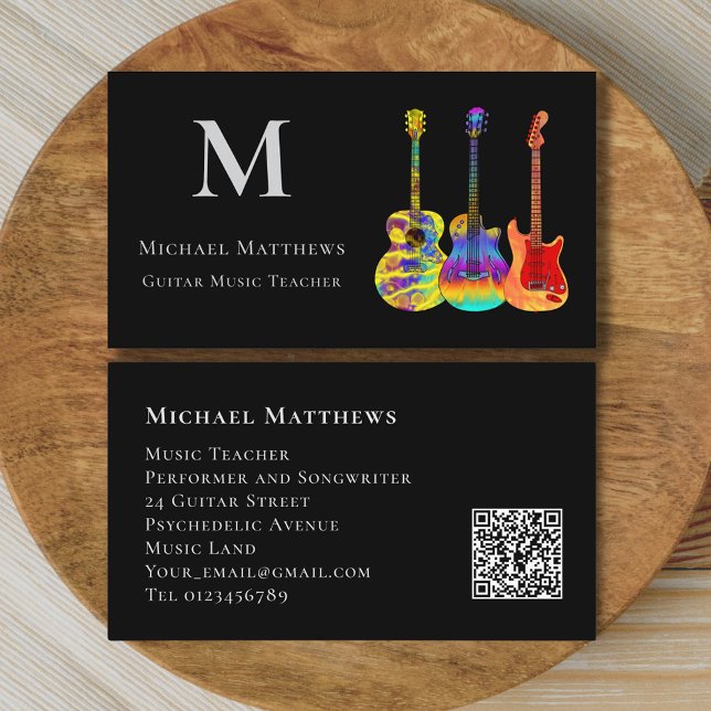 Tarjeta De Visita Guitar Music Enseña código QR Personalizado (Stylish guitar music teacher qr code custom business card)