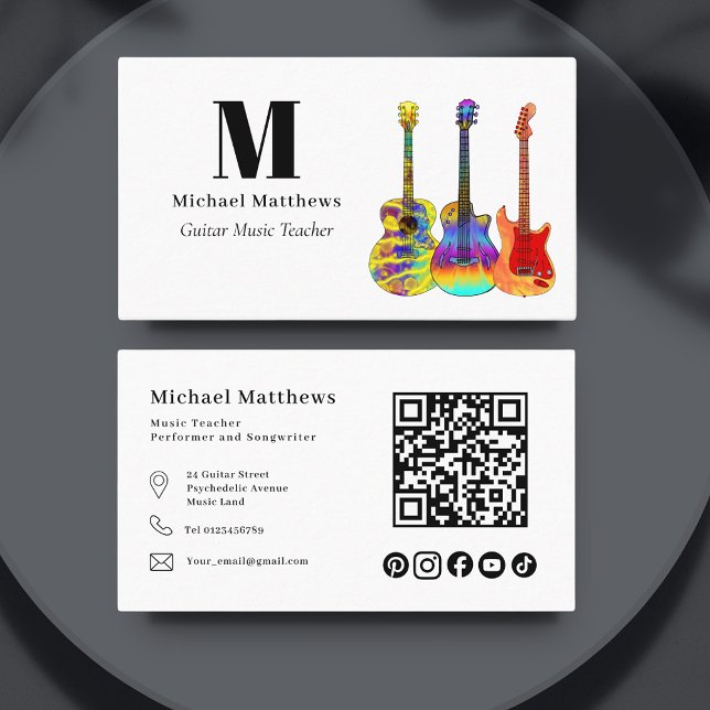 Tarjeta De Visita Guitar Music Teacher código QR Personalizado de me (Minimalist guitar teacher qr code custom business card)