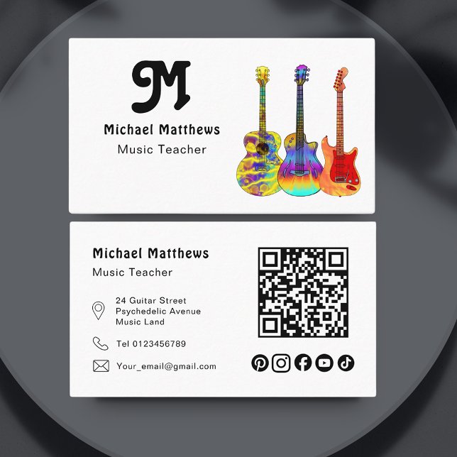 Tarjeta De Visita Guitar Music Teacher código QR Personalizado de me (Retro guitar music teacher qr code and social media custom business card )