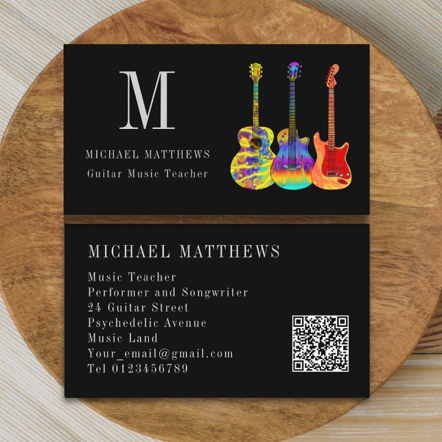 Tarjeta De Visita Guitar Music Teacher Personalizado QR Code (Stylish guitar teacher custom qr code business card)