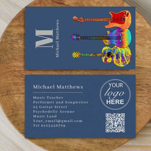 Tarjeta De Visita Guitar Music Teacher Personalizado QR Code and Log (Modern guitar music tutor professional musician logo qr code blue Business card Colorful guitar art)