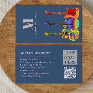 Tarjeta De Visita Guitar Music Teacher Personalizado QR Code and Log