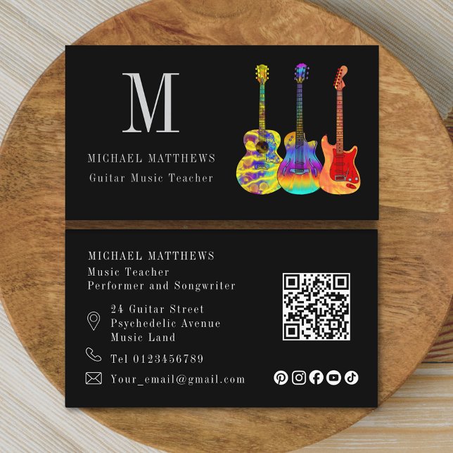 Tarjeta De Visita Guitar Music Teacher Personalizado QR Código Medio (Modern guitar tutor custom qr code and social media icons business card)
