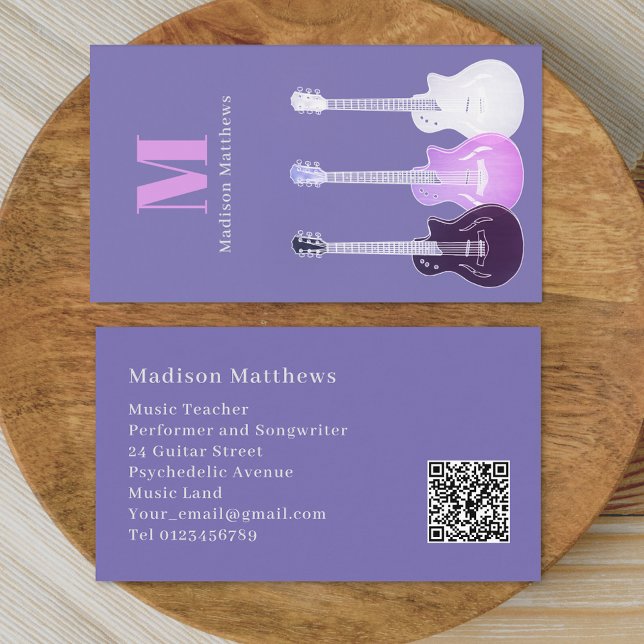 Tarjeta De Visita Guitar Music Teacher Personalizado QR Código púrpu (Modern Guitar teacher music tutor musician performer Pink purple Business card)