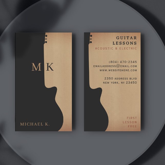 Tarjeta De Visita Guitar Silhouette Tan Wood Monogram Guitarist (Subido por el creador)