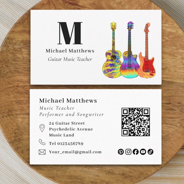 Tarjeta De Visita Guitar Teacher Music Business código QR (Guitar teacher musician qr code and social media business card)