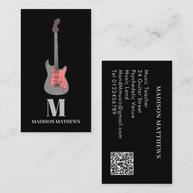 Tarjeta De Visita Guitar Teacher Music Lessons Q R Code Pink (Anverso / Reverso)