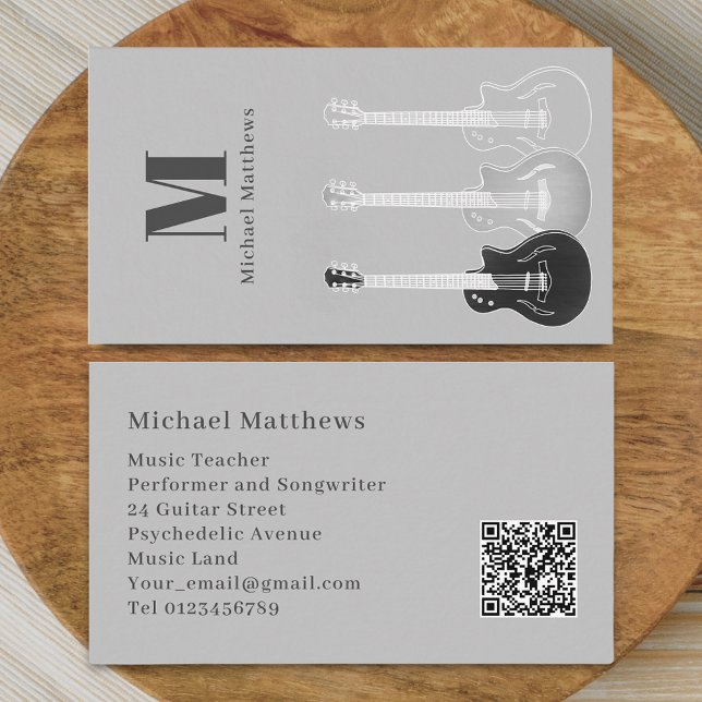 Tarjeta De Visita Guitar Teacher Música Profesional Personalizado QR (Modern guitar music teacher professional musician qr code gray Business card )