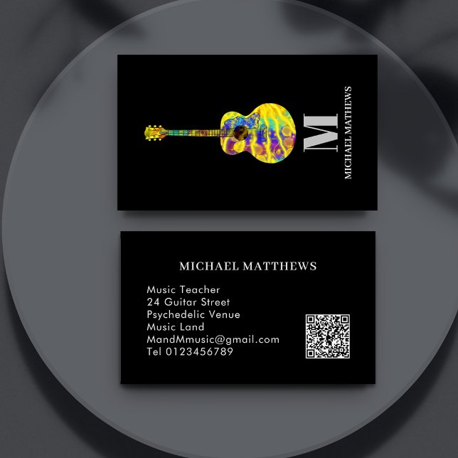 Tarjeta De Visita Guitar Teacher Profesional Personalizado Código QR (Cool guitar music teacher professional musician business card)