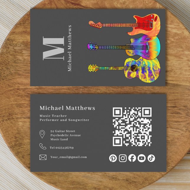 Tarjeta De Visita Guitar Teacher QR Code y Social Media (Modern guitar music teacher professional musician qr code social media Business card Charcoal gray )