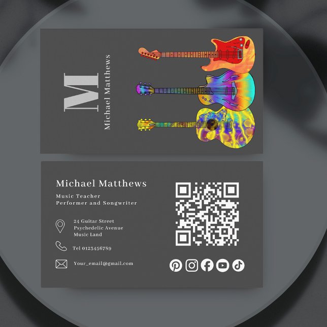 Tarjeta De Visita Guitar Teacher QR Code y Social Media (Modern guitar teacher website qr code social media custom gray business card)