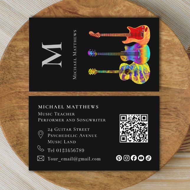 Tarjeta De Visita Guitar Teacher QR Código Medios Sociales (Stylish guitar tutor qr code and social media custom business card)