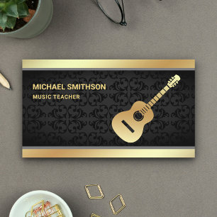 Tarjeta De Visita Guitarista de música Black Damask Gold Guitar
