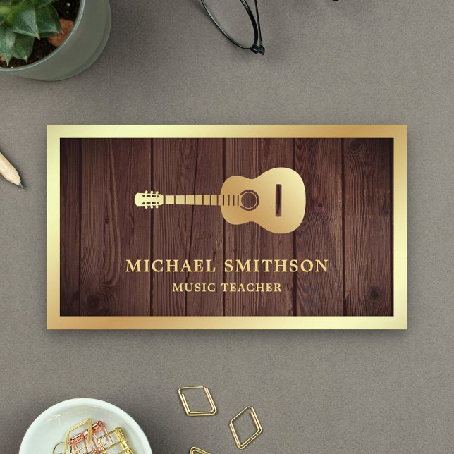 Tarjeta De Visita Guitarista de Música Rustic Wood Gold (Subido por el creador)