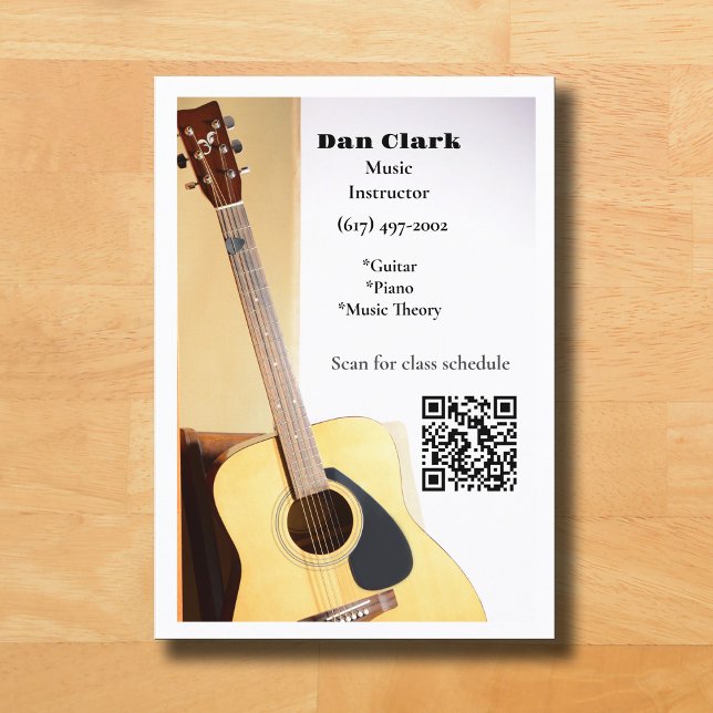 Tarjeta De Visita Guitarra Acústica del Profesor de Música QR Blanco (Guitar Music Teacher Business Card )