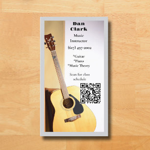 Tarjeta De Visita Guitarra Acústica Gris QR Code Music Teacher