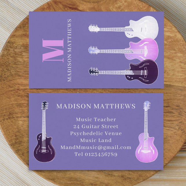 Tarjeta De Visita Guitarra Música Teacher Purple (Modern musician guitar music teacher purple pink Business card monogram initials simple minimalist )