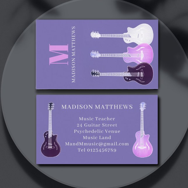 Tarjeta De Visita Guitarra Música Teacher Purple (Guitar music teacher purple and pink professional business card with monogram)