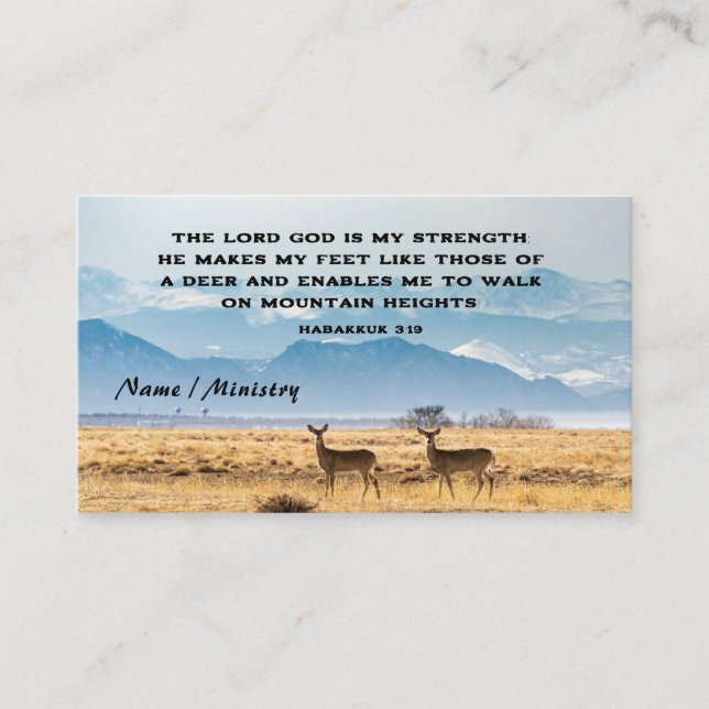 Tarjeta De Visita Habakkuk 3:19 Biblia Verse Deer y Montañas (Anverso)