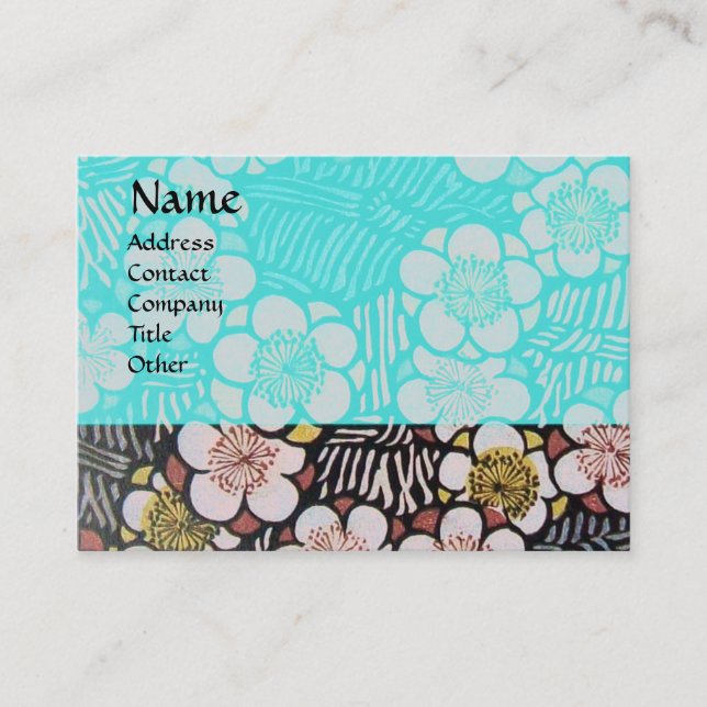 TARJETA DE VISITA HAIKU / NEGRO BLANCO AZUL TURQUESA FLORES DE PRIMA (Anverso)