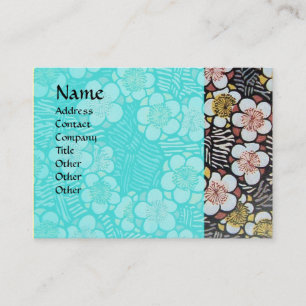 TARJETA DE VISITA HAIKU / NEGRO BLANCO AZUL TURQUESA FLORES DE PRIMA
