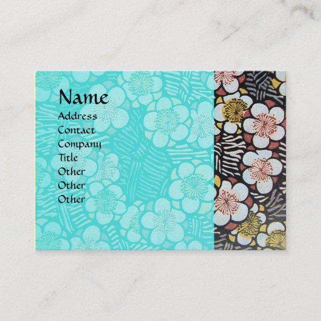 TARJETA DE VISITA HAIKU / NEGRO BLANCO AZUL TURQUESA FLORES DE PRIMA (Anverso)