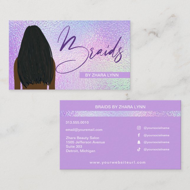 Tarjeta De Visita Hair Braider Braider Stylist Salon Holographic (Anverso / Reverso)