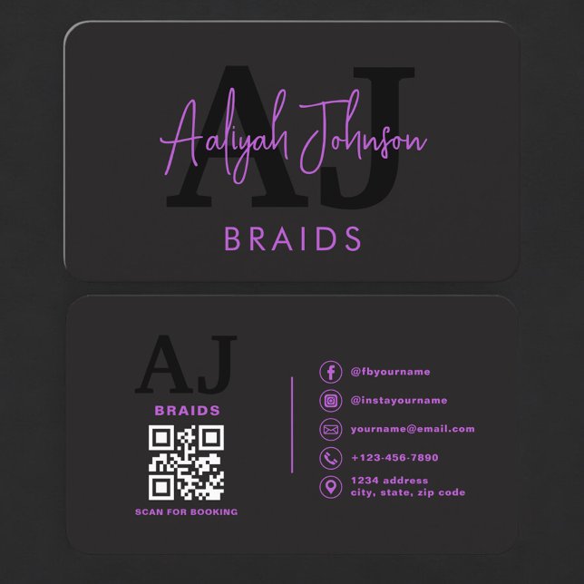 Tarjeta De Visita Hair Braiding QR Code Business Card Purple Black (Subido por el creador)