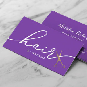 Tarjeta De Visita Hair Gold Scissor Elegant Salón De Belleza Purple