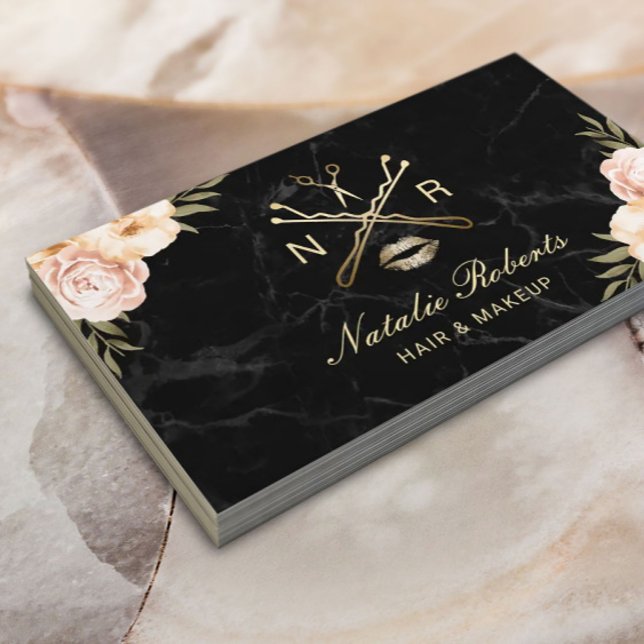 Tarjeta De Visita Hair Makeup Beauty Salon Logo Marble floral modern (Subido por el creador)