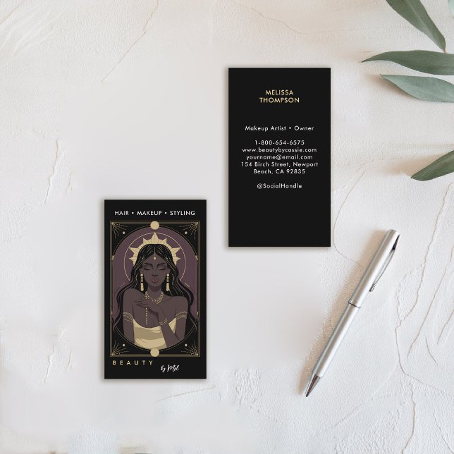 Tarjeta De Visita Hair Nails Makeup Salon Celestial Mystic Tarot (tarot card business card celestial mystical gold black purple makeup hair lash psychic reiki healer)