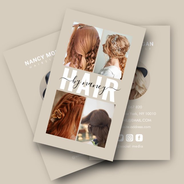 Tarjeta De Visita Hair Salon Calligraphy Script Photo Collage Beige  (Subido por el creador)