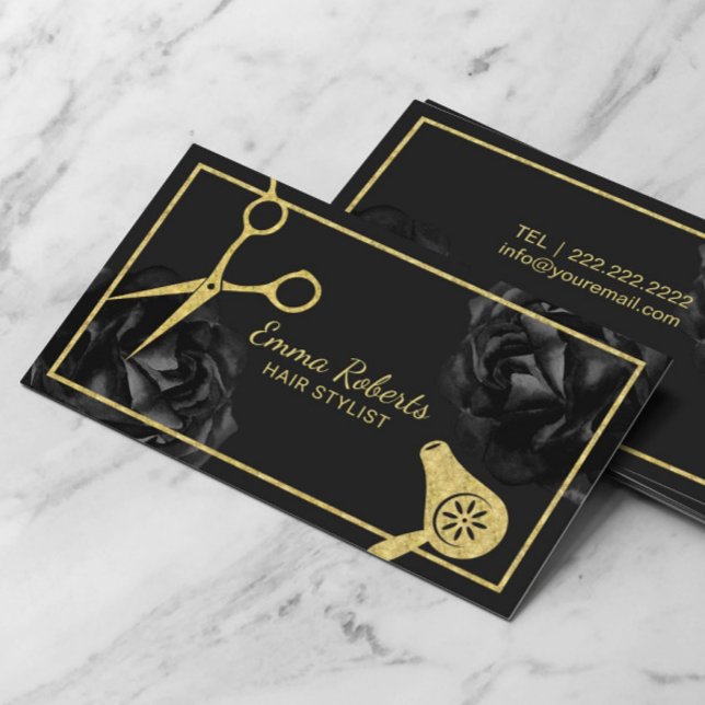 Tarjeta De Visita Hair Salon Gold Scissor & Dryer Black Floral (Subido por el creador)