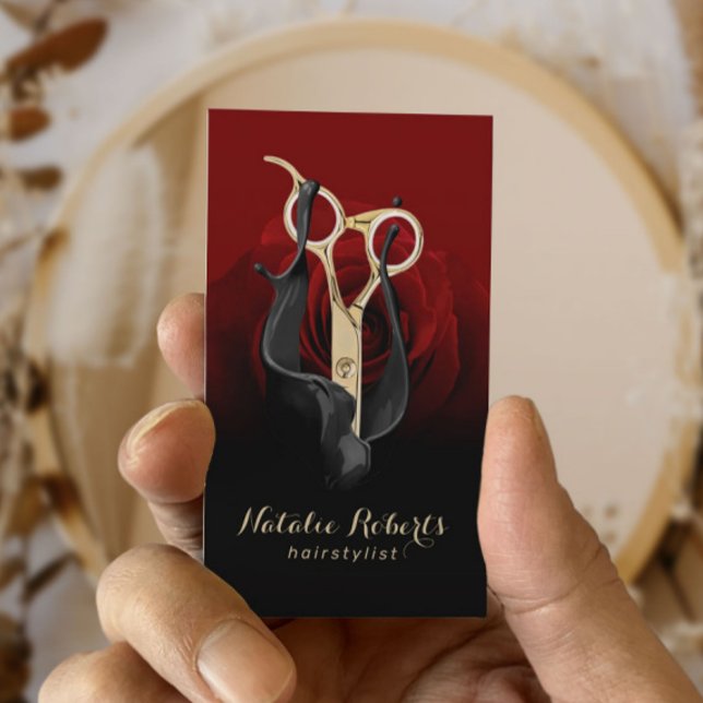 Tarjeta De Visita Hair Salon Gold Scissor & Red Rose Moderno Estilis (Subido por el creador)
