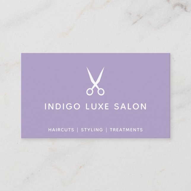 Tarjeta De Visita Hair Salon Hairstylist modernas tijeras Purple (Anverso)