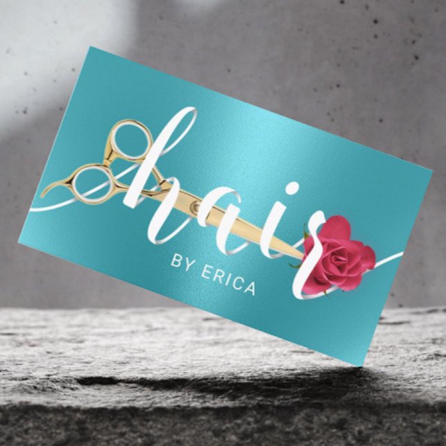 Tarjeta De Visita Hair Salon Scissor & Flower Typography Turquoise (Subido por el creador)
