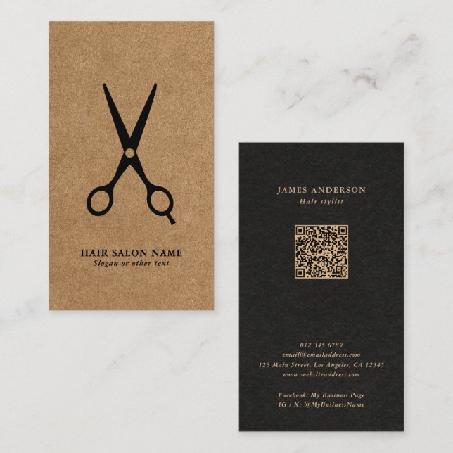 Tarjeta De Visita Hair Salon/Stylist/Barber Scissors Kraft QR Code (Anverso / Reverso)