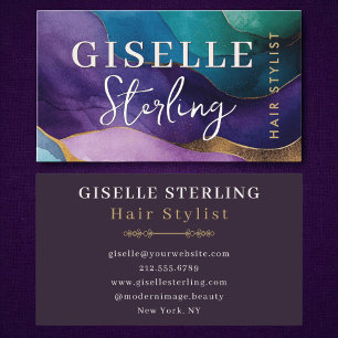 Tarjeta De Visita Hair Stylist Abstract Purple Gold Wavour Watercolo