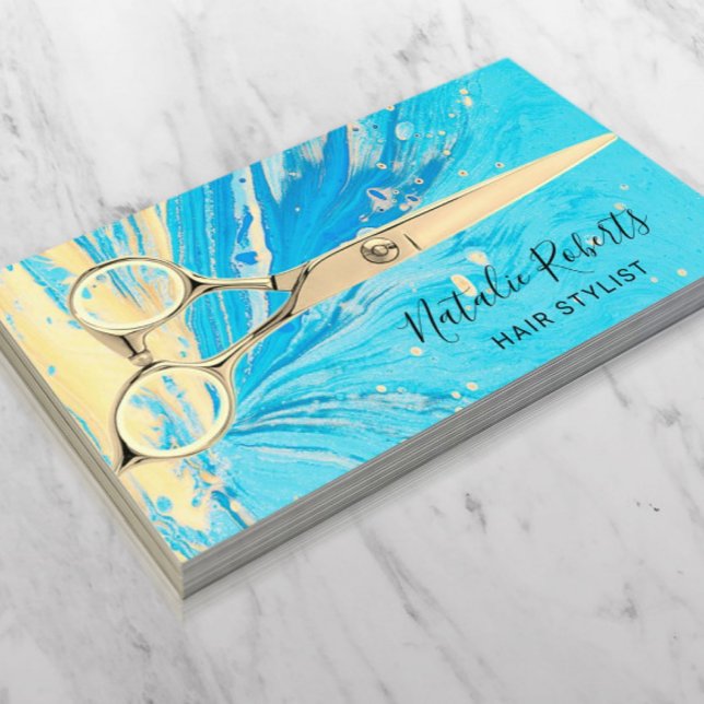 Tarjeta De Visita Hair Stylist Abstract Turquoise Gold Scissor Salon (Subido por el creador)