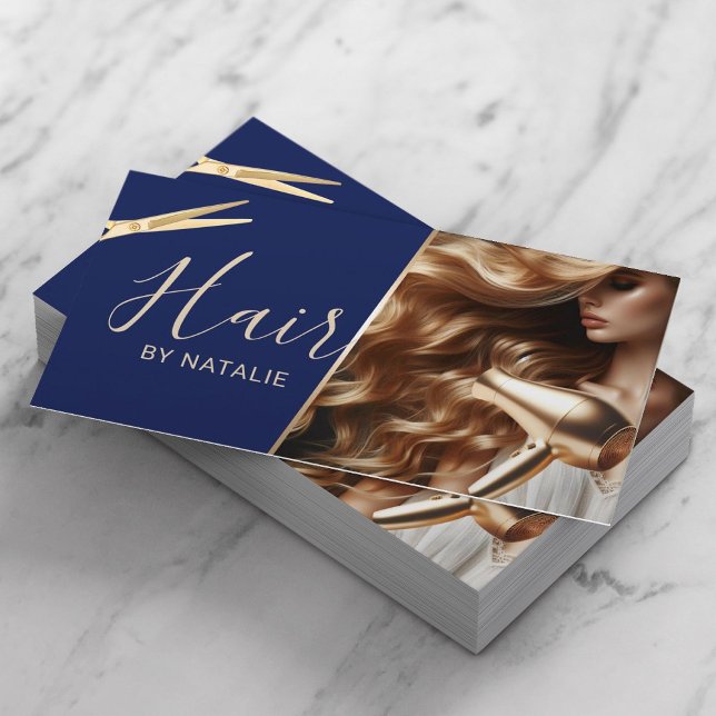 Tarjeta De Visita Hair Stylist Beauty Girl Photo Navy Blue Salon (Subido por el creador)